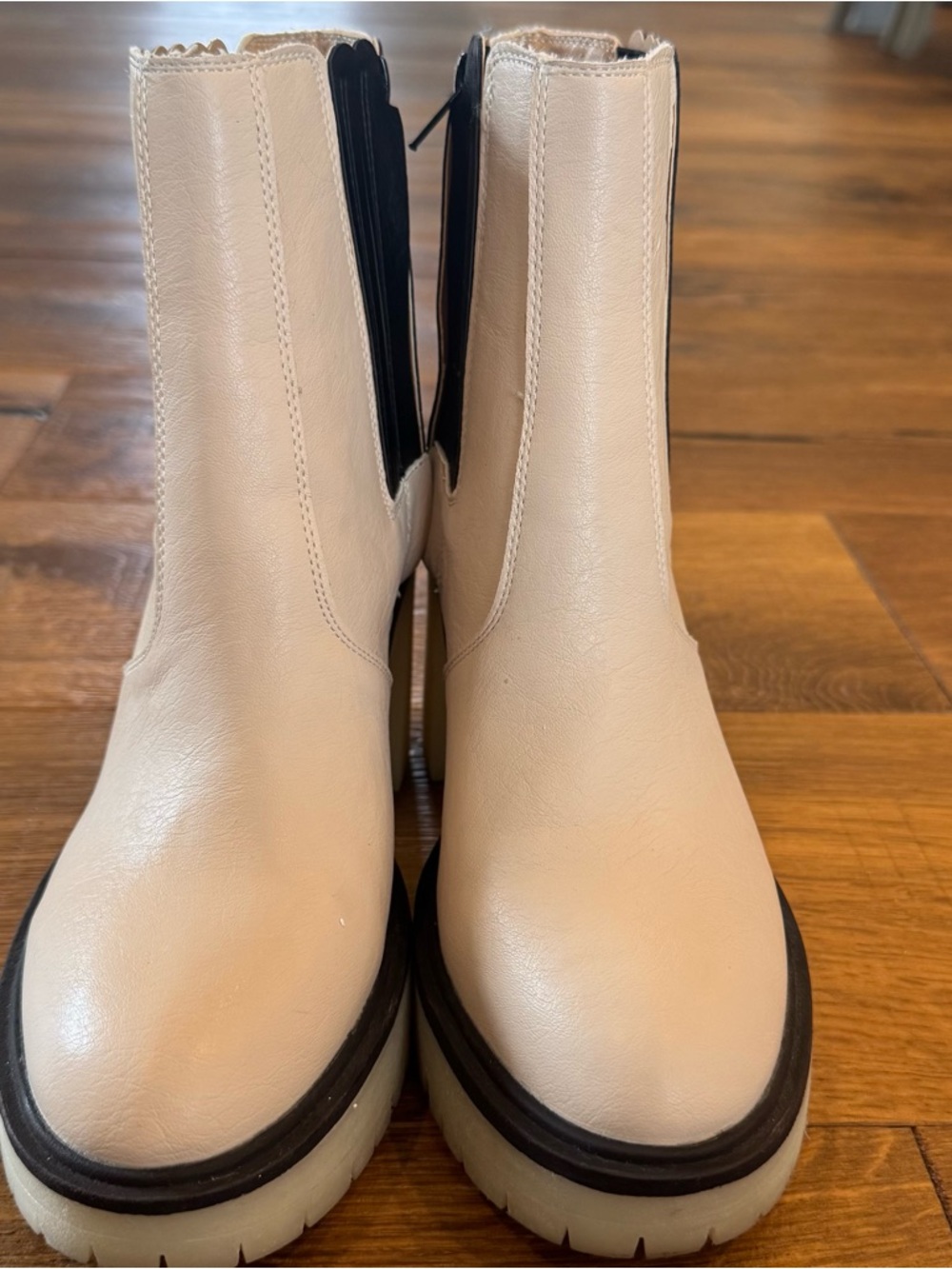 Cream Chelsea Heeled Ankle Boots with Black Elastic Panels - Picture 3 of 13